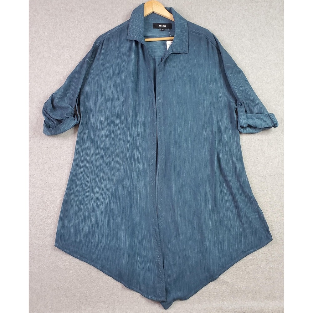 Torrid Kimono Shirt Womens 1X 14-16 Blue Crinkle Hi Low Tunic Roll Tab Sleeve